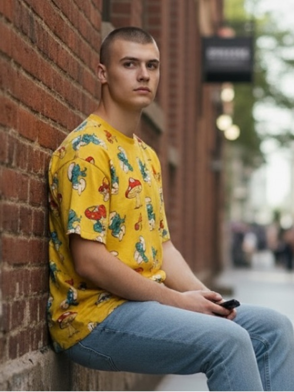 The Smurfs Yellow Mushroom 🍄 T-Shirt/Tee All Over Print, Size Small, NWT